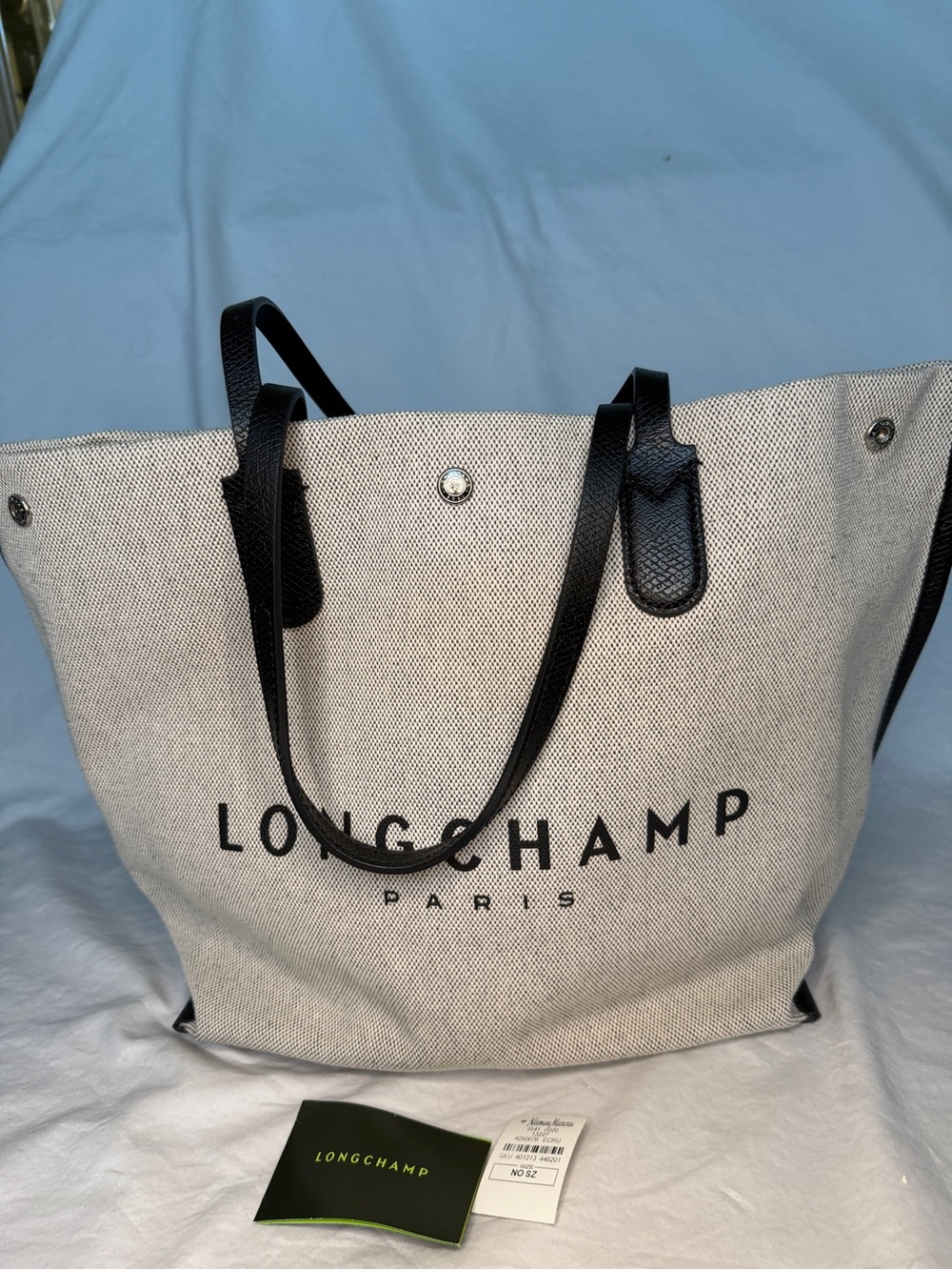 Longchamp Beige Canvas Tote with Black Leather Handles